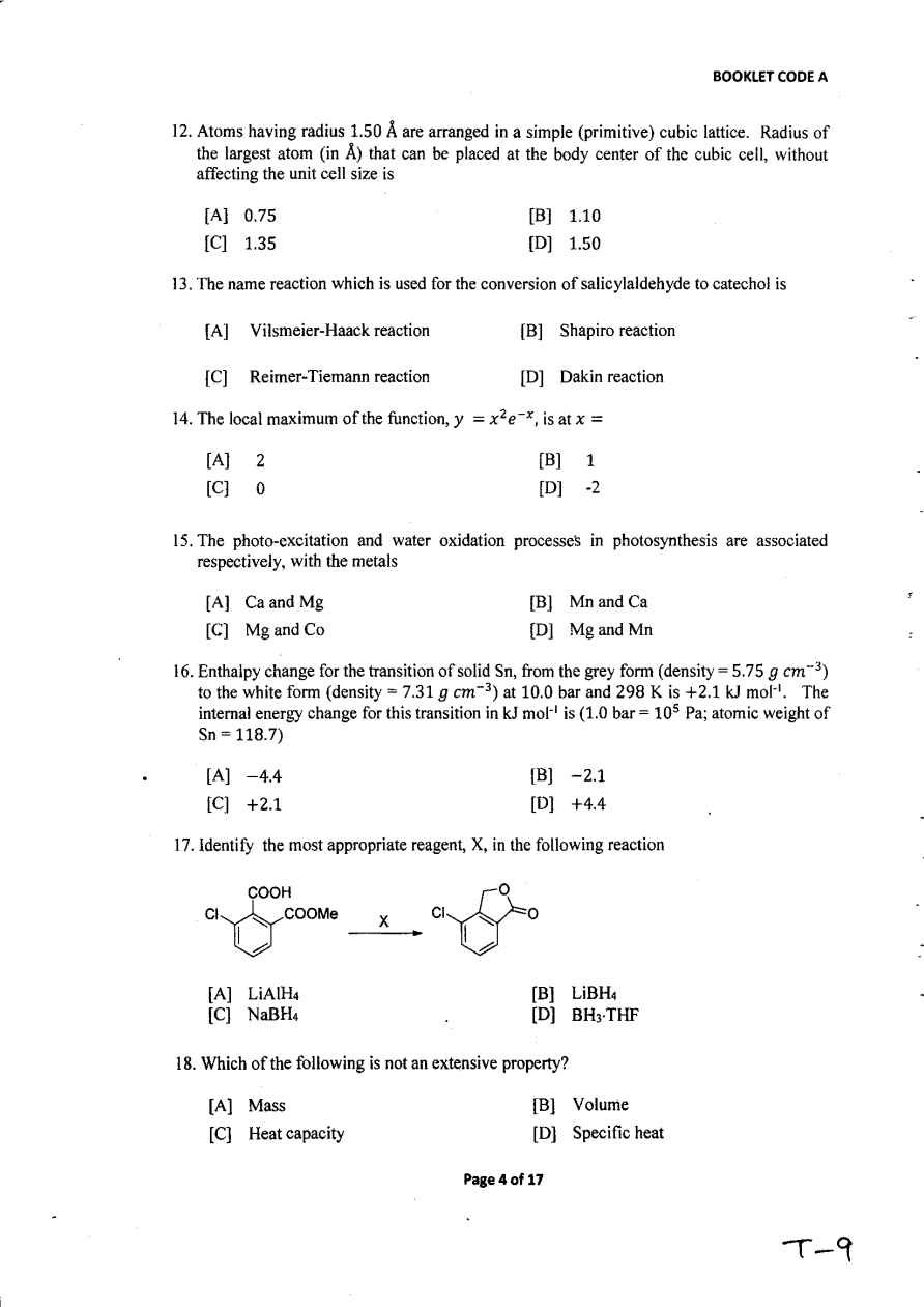 Entrance Exam Question Paper'2019 for M.SC in Chemistry Guahati University