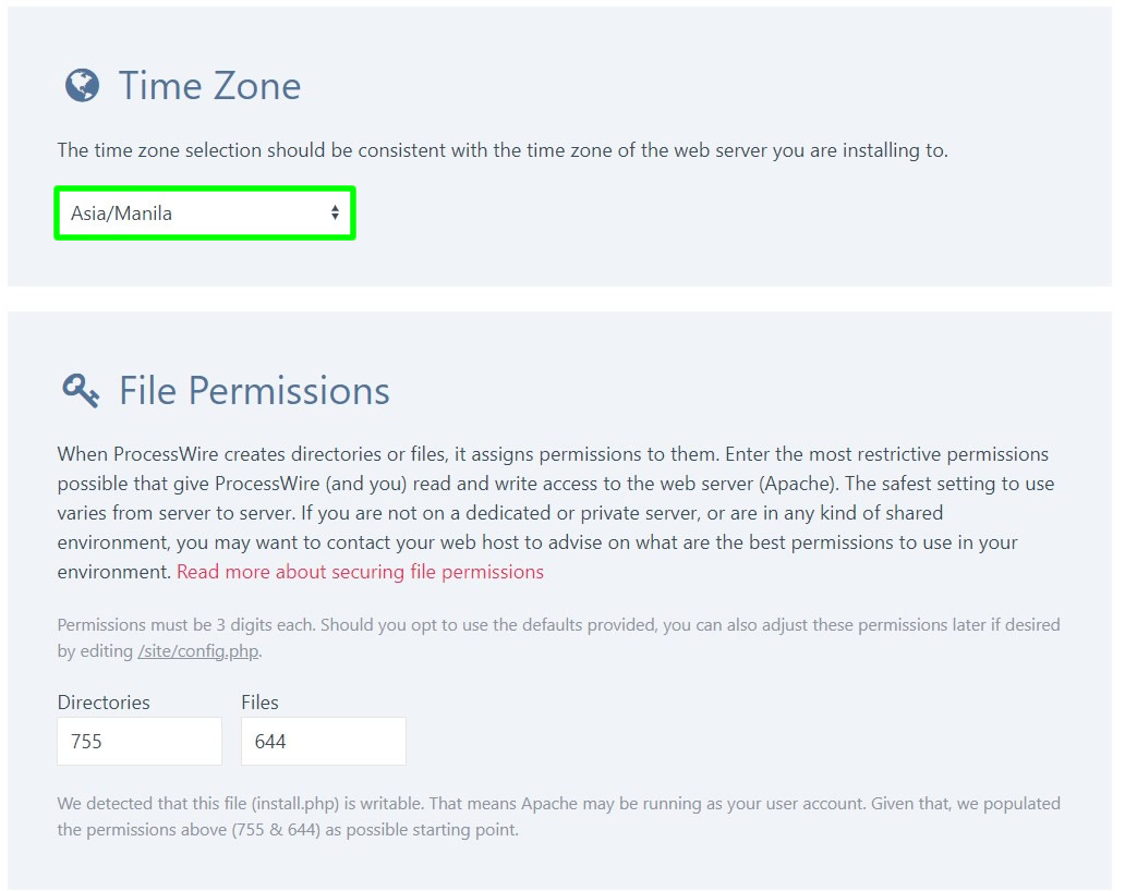 processwire installation time zone and file permissions