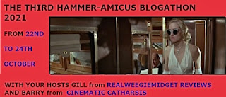 Banner for the third hammer amicus blogathon, hosted by realweemidget reviews and cinematic catharsis shows a woman in a low cut dress wearing sunglasses