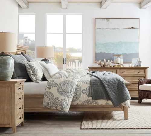 Pottery Barn Coastal Bedroom with Large Abstract Ocean Art