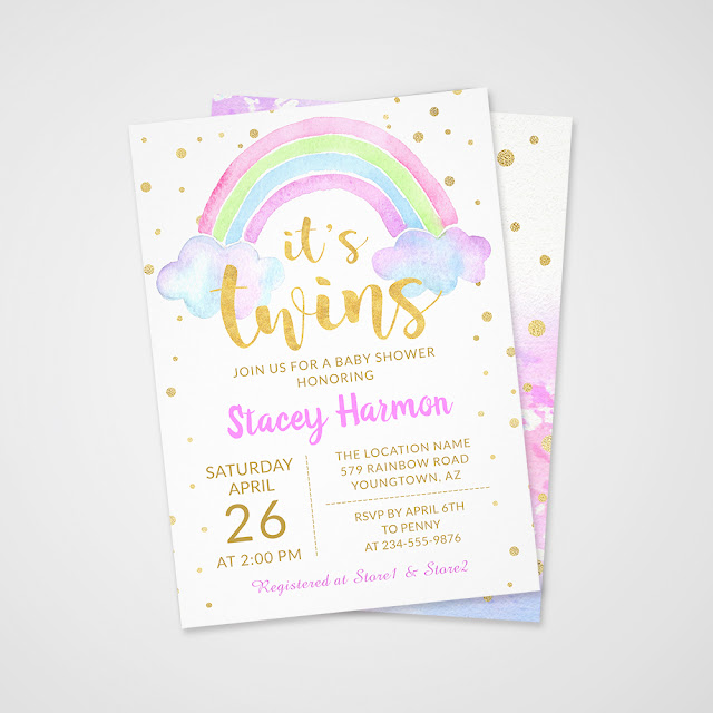  Gold Twins Pastel Watercolor Rainbow Baby Shower Card