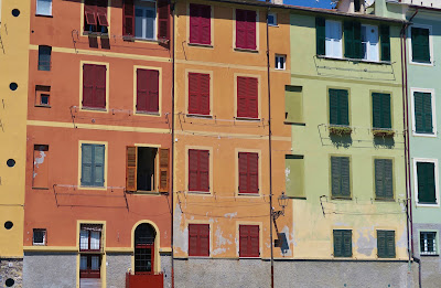 Colorful Ligurian buildings overlooking Trelo beach, San Michele di Pagana, Rapallo.