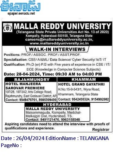 Hyderabad, Malla Reddy University Assistant Professor Jobs Recruitment 2024 Walk in Interview