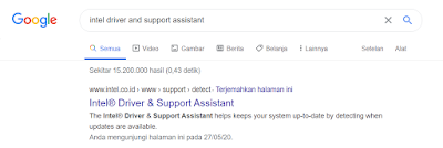 Cari "Intel Driver & Support Assistant" biasanya ada di paling atas hasil pencarian