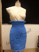 Sustainable fashion – a knit sheath dress using recycled blue wrap (waist fitting)