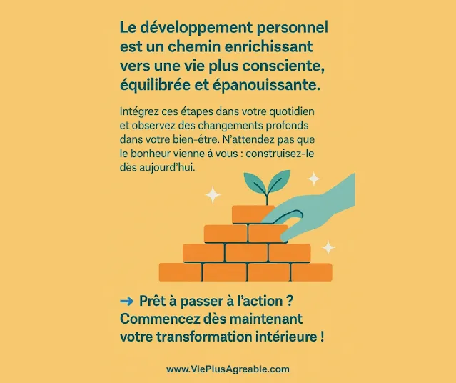 Infographie illustrant la progression du développement personnel avec une main posant une brique et une pousse verte symbolisant la croissance intérieure.