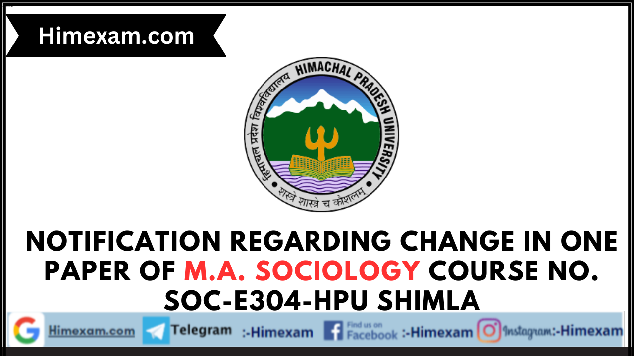 Notification regarding change in one paper of M.A. Sociology Course No. SOC-E304-HPU Shimla