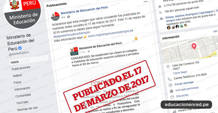 MINEDU advierte que información en redes sociales sobre suspensión de clases hasta el 20 de marzo corresponde al año 2017