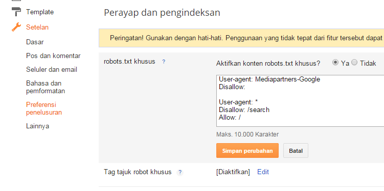 Setting Robot.txt di blogspot