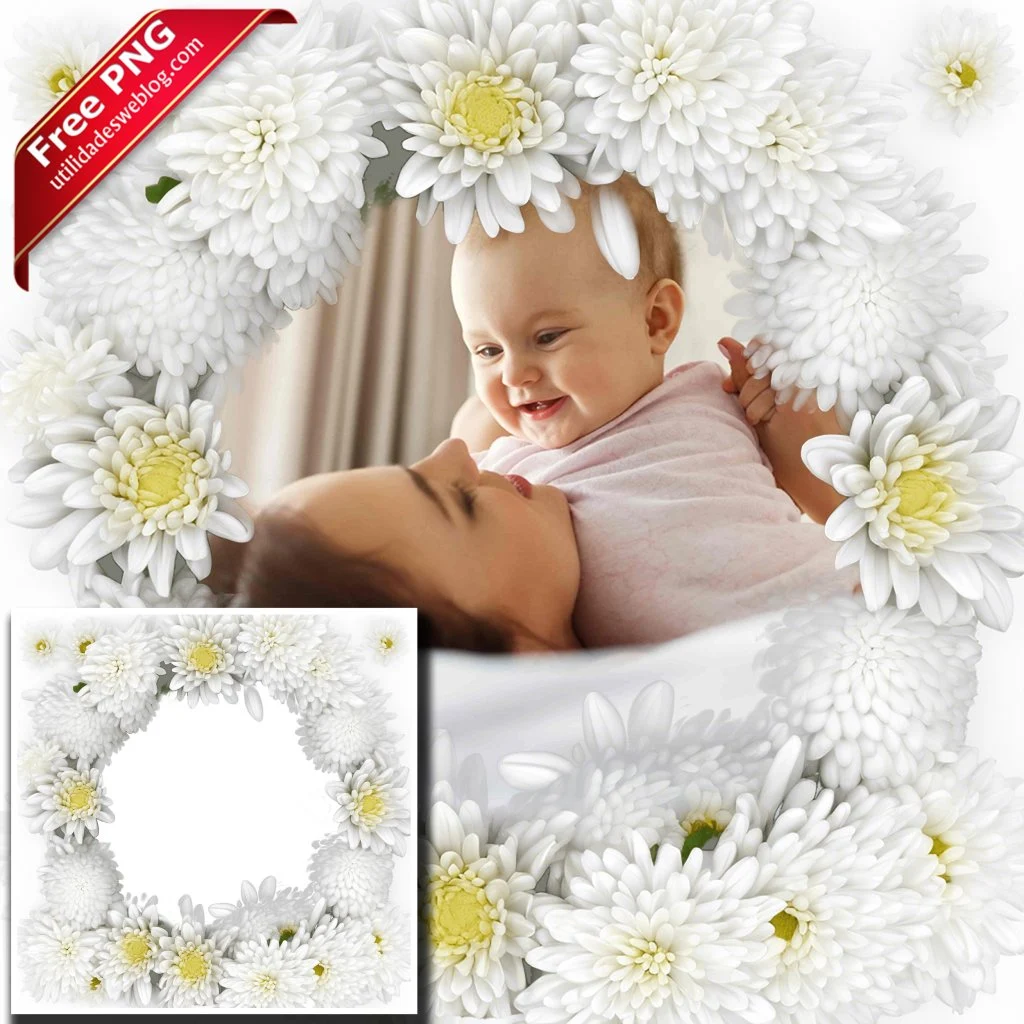 marco para fotos con flores de chrysanthemum o crisantemo blanco en png con fondo transparente para descargar gratis