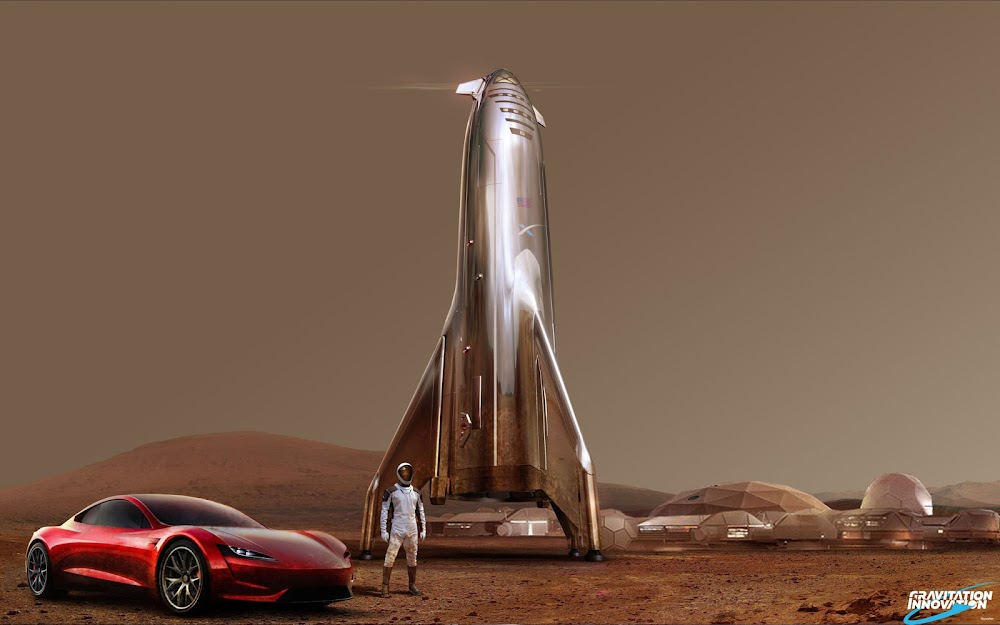 SpaceX Starship, Starman and Tesla Roadster at Mars Base Alpha by Gravitation Innovation