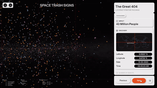 an animated map showing a constellation created from space debris