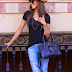 The adorable outfit:  Black tee + jeans + peep toe booties + hat