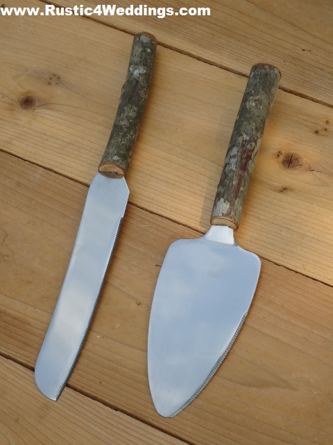 Rustic Wedding  Cake  Server  And Knife Set  With Wood  Handles