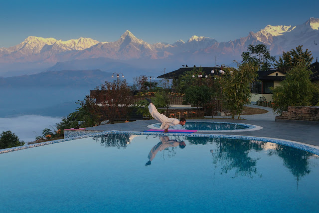 Fishtail mountain on backdrop. Stunning View from one of the Pokhara resort.