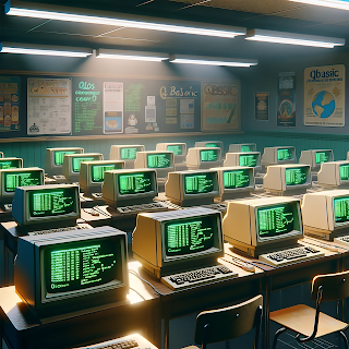 Illustration of a classroom filled with old Commodore computers running on QBasic