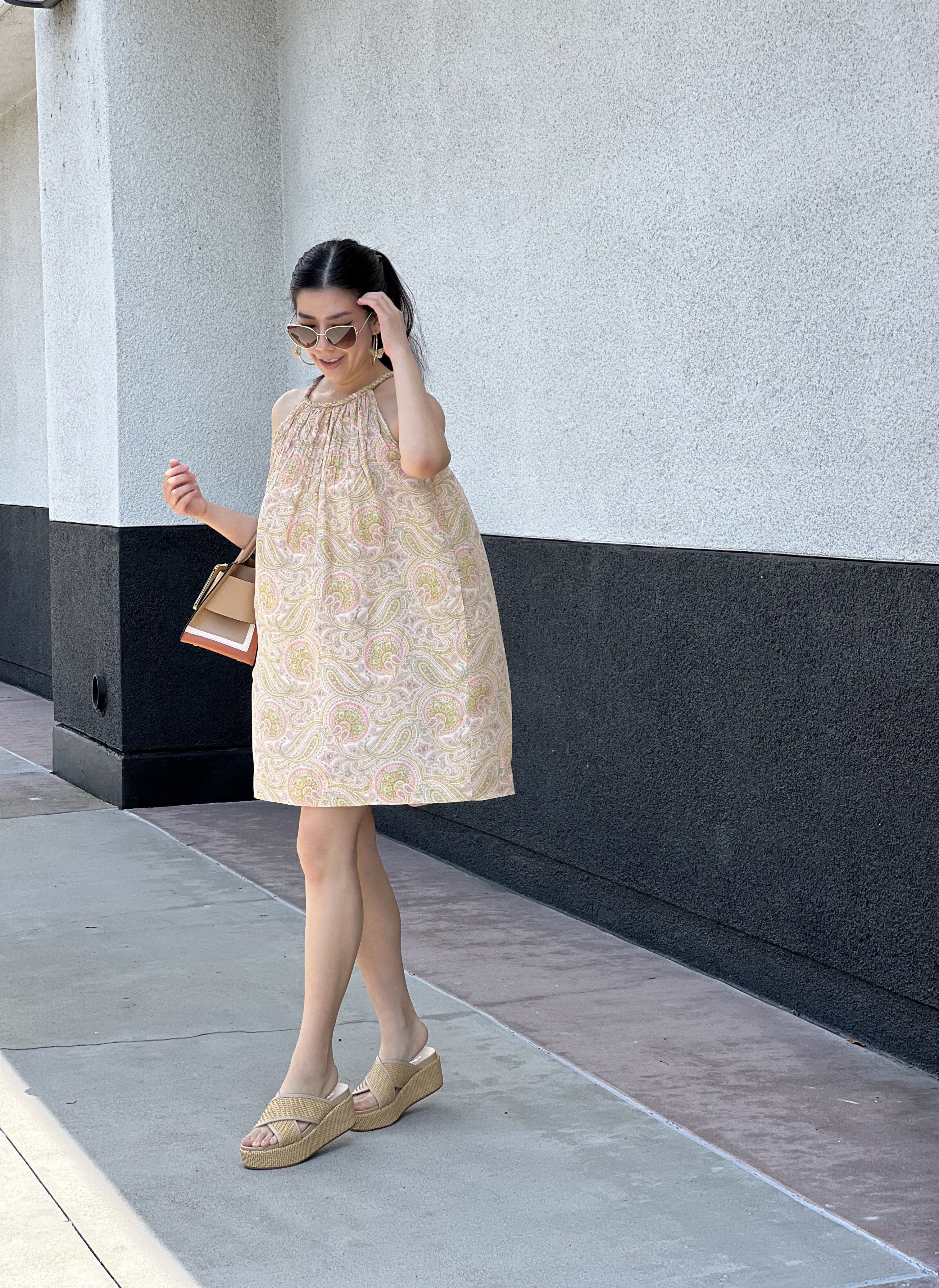 Palm Royale Inspired Outfit_Orange Paisley Halter Dress_Boyy Bobby 23 Buckle Bag in Beach Sienna_J/Slides Platform Summer Sandals_Adrienne Nguyen_San Diego Blogger
