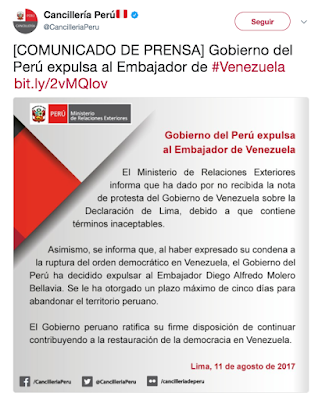 Comunicado Oficial expulsa a embajador venezolano del perú