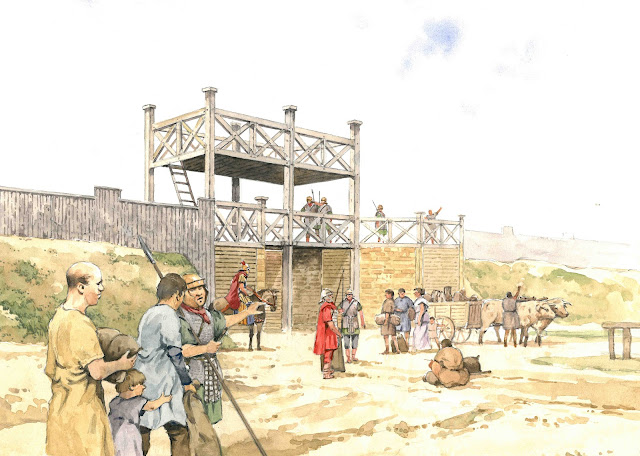 Artist's impression of the gate and defences at Lagentium - a long wooden wall or fence with an outpost built in