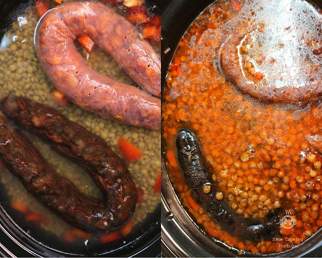 Lentilhas antes e depois de cozer na slow cooker