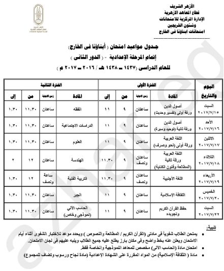 الازهر الشريف : جداول إمتحانات الدور الثانى للمصريين بالخارج 2017 جدول امتحانات الملاحق