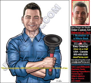 Plumber holding plunger truck wrap business card