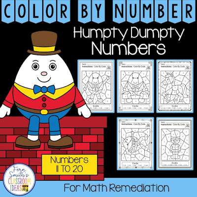 If you are looking for a resource for math remediation while still giving your students some confidence while reviewing important math skills, you will love this series. These five Color By Number worksheets focus on Numbers 11 to 20 with a cute Humpty Dumpty theme. The five pages have only a few color selections and only a few numbers, to help your students focus on the repetitive pattern of numbers 11 to 20. All the while giving your students a fun and exciting review of important math skills at the same time! You will love the no prep, print and go ease of these printables. As always, answer keys are included.