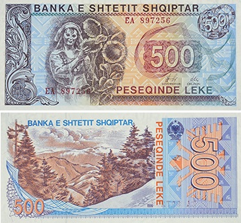 500 Lekë, emessa negli anni 1991, 1992, 1993, 1996, 1997, con l'immagine della ragazza con il girasole;