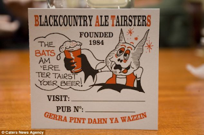 Beer mat featuring a cartoon of a boozy bat and the message 'the bats am 'ere ter tairst yoer beer'