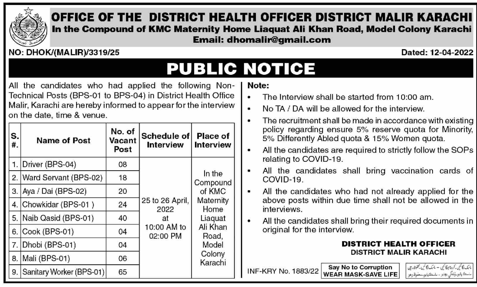Latest District Health Office Management Posts Karachi 2022