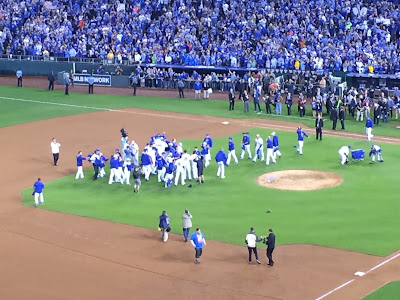 The Kansas City Royals celebrate their ALCS Championship on Oct 23 in Kauffman Stadium