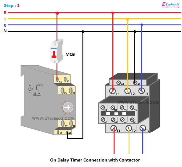 Timer connection with contactor, timer and contactor connection