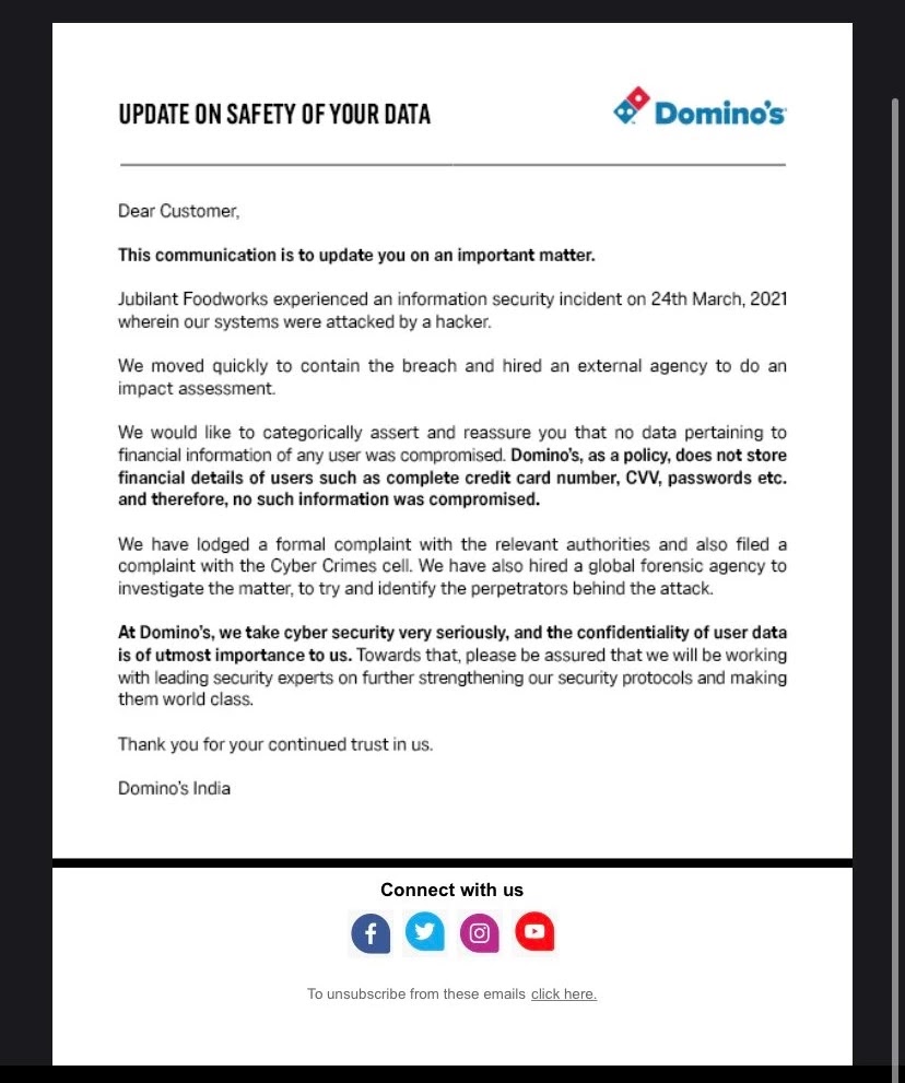 Statement From Dominos India