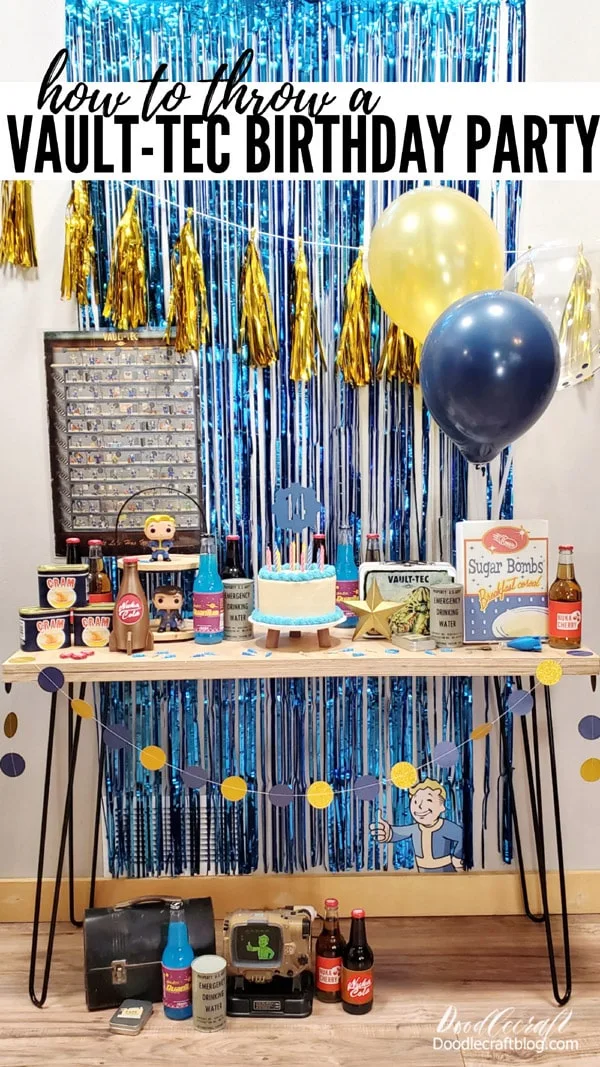 Throw the perfect Vault-Tec Fallout themed Birthday Party for the geek in your life!   This yellow and blue party is easy to put together with some party supplies and DIY handmade pieces to finish it off!   Link below to my folder of free printables!