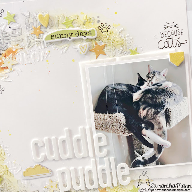 Cuddle Puddle Scrapbook Layout by Samantha Mann | Cat-itude Stamp Set, Meow Stencil, Sky Scene Builder Die Set and Birthday Meows Paper Pad by Newton's Nook Designs #newtonsnook #handmade