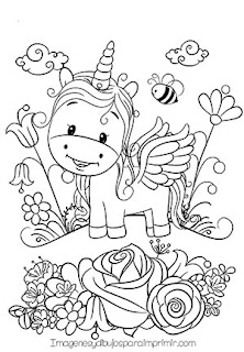 Colorear unicornio entre flores