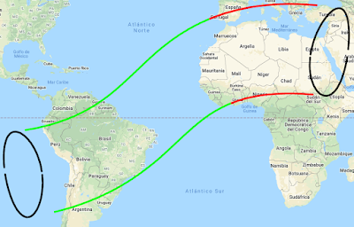 Mapa de visibilidad de la ocultación de Marte por la Luna.