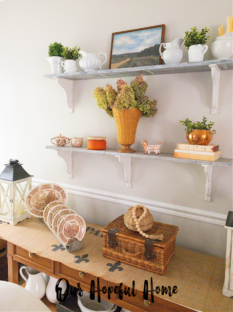 fall shelf decor baskets dried hydrangeas