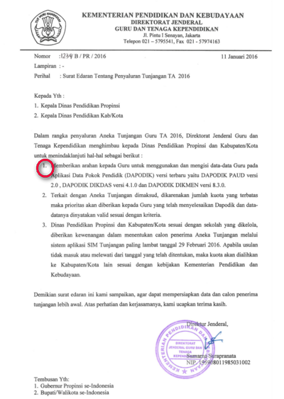 Surat Edaran Aneka Tunjangan Guru Tahun Anggaran 2016 