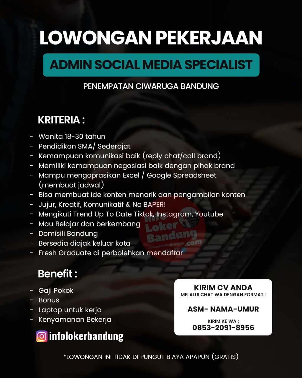 Lowongan Kerja Admin Socila Media Specialist @reykediawidya Bandung Mei 2024