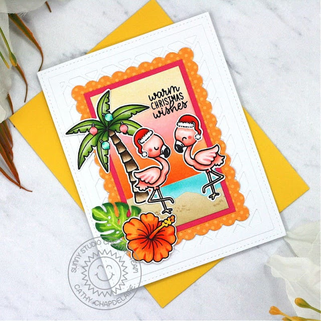 Sunny Studio Stamps: Mini Mat & Tag Die Focused Holiday Card and Tags by Cathy Chapdelaine (featuring Fabulous Flamingos, Seasonal Trees, Santa Claus Lane, Frilly Frame Dies)