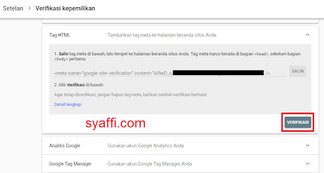 15. Klik Verifikasi setelah paste kode HTML pada head