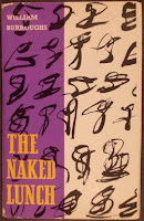 A cover for Burrough's "The Naked Lunch" with yellow text on a purple and beige background with black designs.