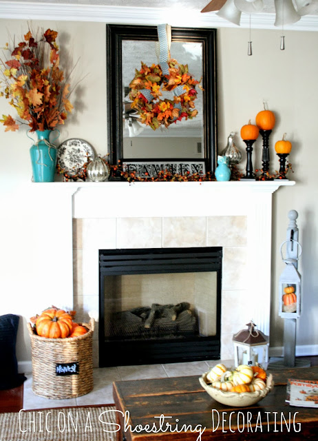 Aqua & Orange Fall Mantel by Chic on a Shoestring Decorating.