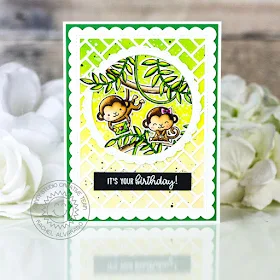 Sunny Studio Stamps: Frilly Frame Dies Fancy Frame Dies Love Monkey Tropical Scenes Birthday Cards by Rachel Alvarado