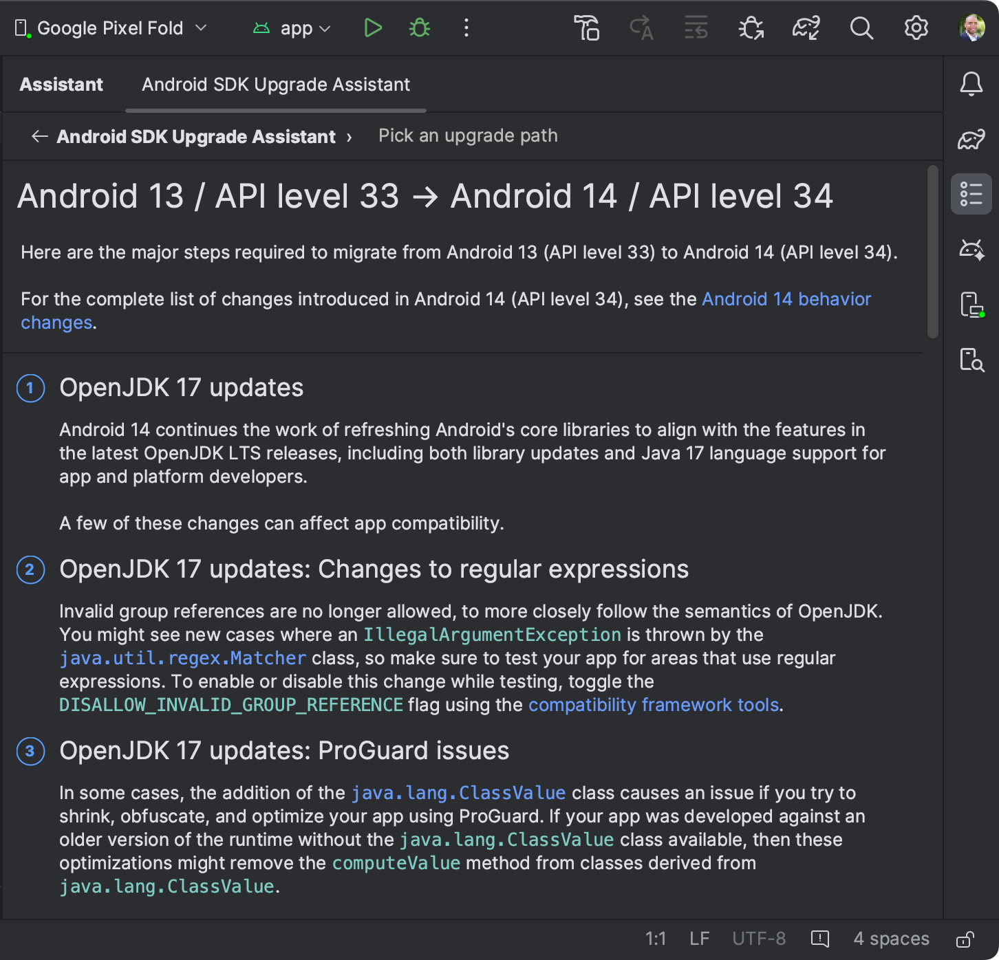 Captura de pantalla del Asistente de actualización del SDK de Android