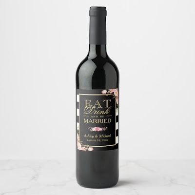  Eat Drink and Be Married | Floral Stripes Wedding Wine Label