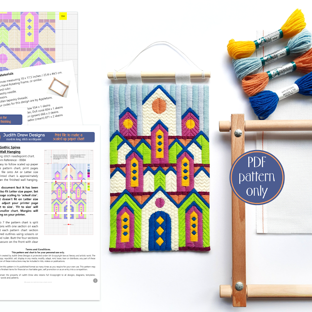 Judith Drew Designs modern architectural long stitch needlepoint pattern and instructions.