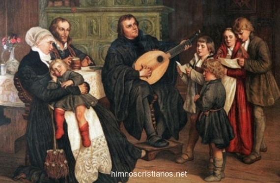 Lutero cantando y tocando el laúd junto a su familia.