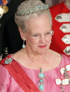 Queen Margrethe II of Denmark wearing turquoise jewels
